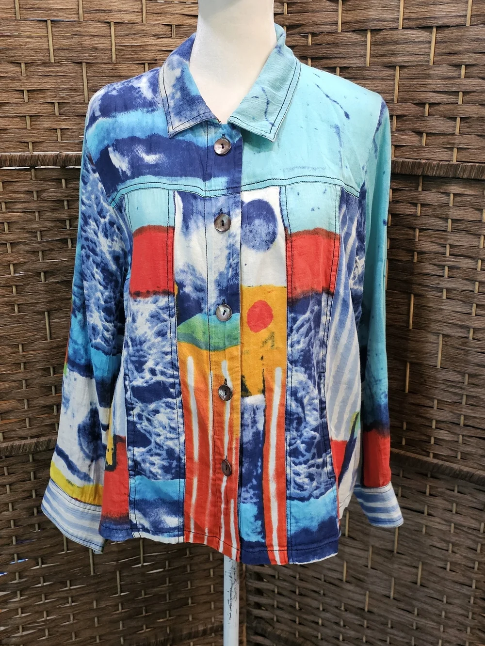 Parsley & Sage Turquoise Blue Multi-Color Abstract Button Jacket